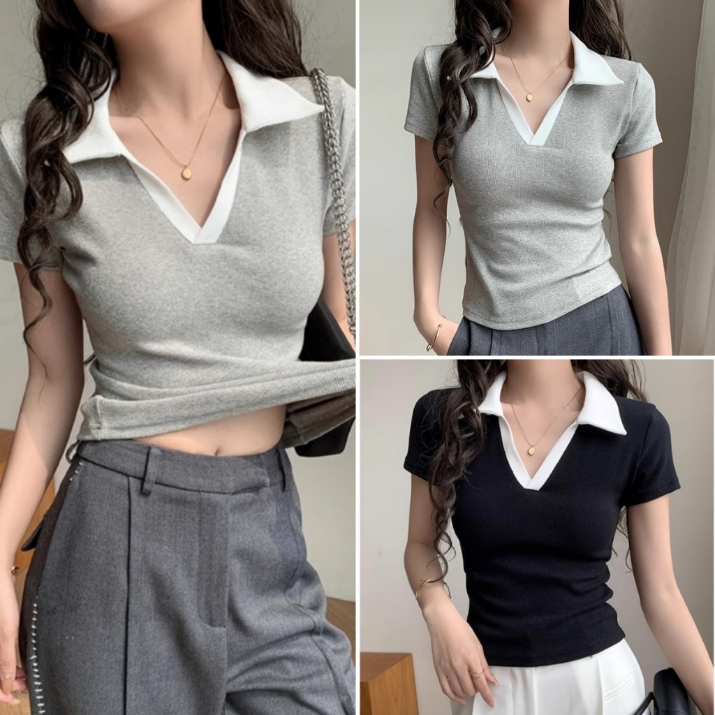 Hotgirl พร้อมส่ง✨เสื้อยืดคอโปโล เสื้อยืดรัดรูป แฟชั่น แขนสั้น ดีไซน์การประกบ คอวีสั้น สไตล์เกาหลี