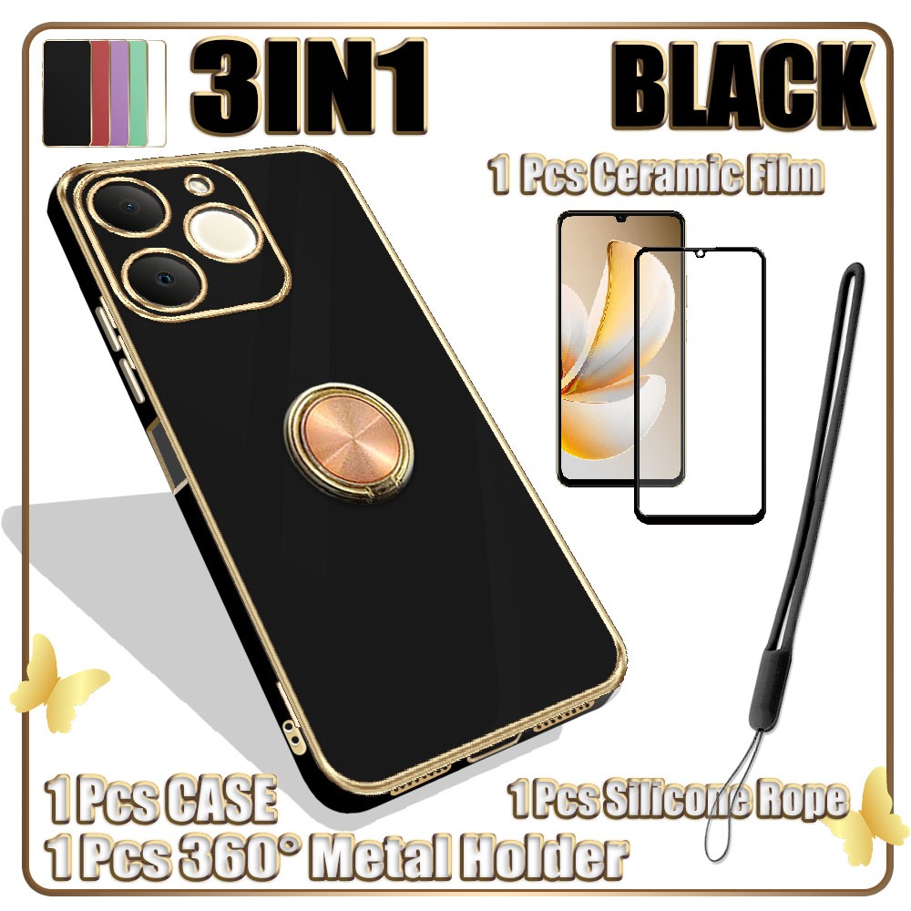 3 IN 1 สําหรับ Realme Note 70 70T RMX5313 Electroplated Case พร้อมฟิล์มเซรามิคและ 360°ที่วางขาตั้งแหวนโลหะมือถือและเชือกเส้นเล็กซิลิโคน