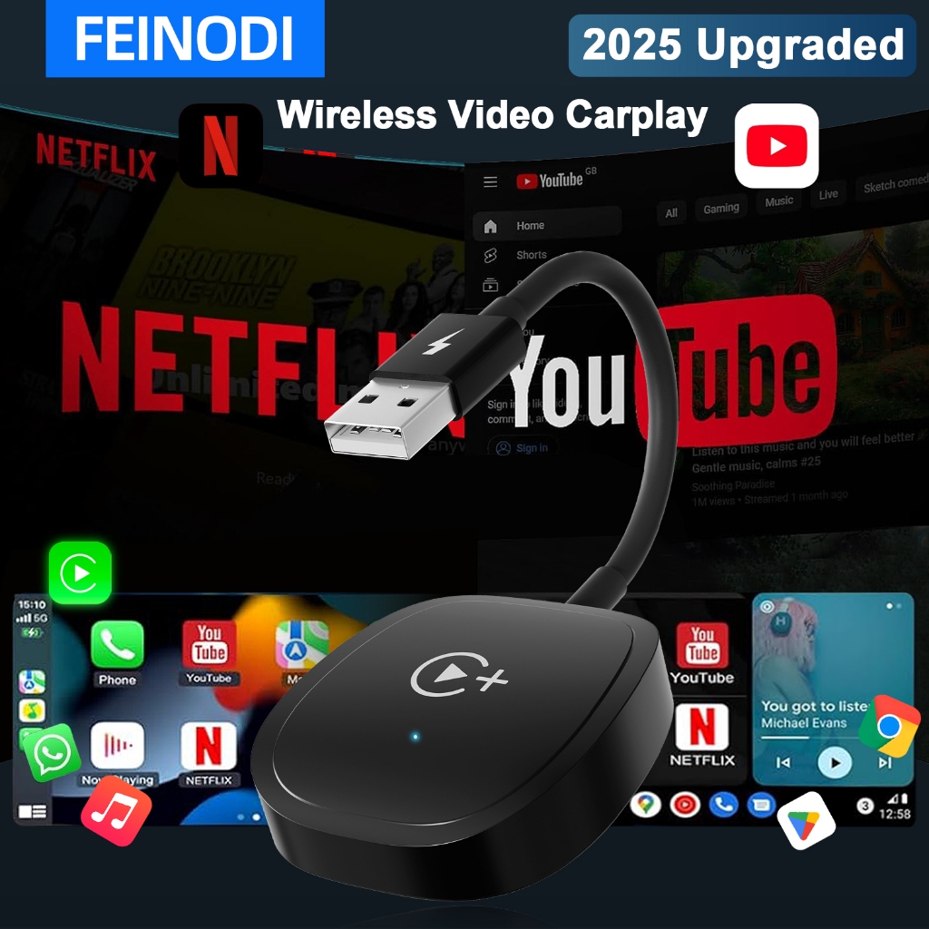 Feinodi อะแดปเตอร์ติดรถยนต์ carplay ไร้สายพร้อม youtube Netflix Tktok, ตัวแปลง Dongle USB ไร้สายในรถ