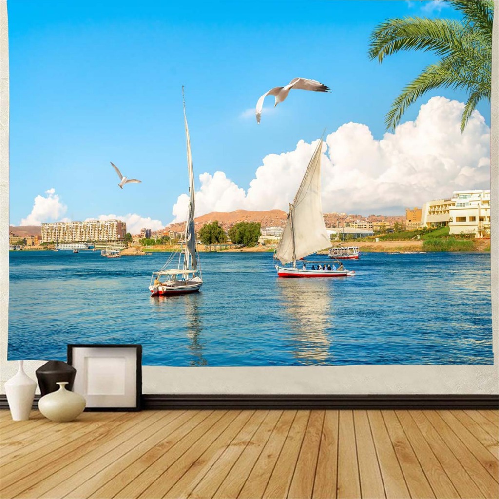 พรมโพลีเอสเตอร์ Aswan Ocean City Seagull Sunset Wall สำหรับห้องนั่งเล่นและห้องนอน ดีไซน์นอร์ดิก ขนาด