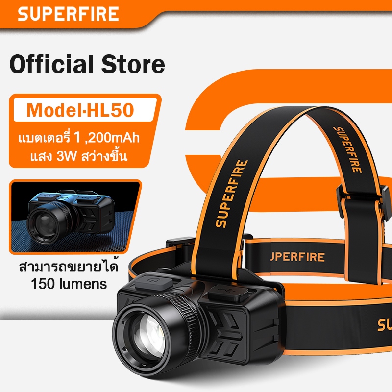 SUPERFIRE HL50 ไฟฉายคาดศีรษะ ซูมได้ ขนาดเล็ก แบบพกพา ไฟทํางานกลางแจ้ง ชาร์จ USB ไฟหน้ากีฬา