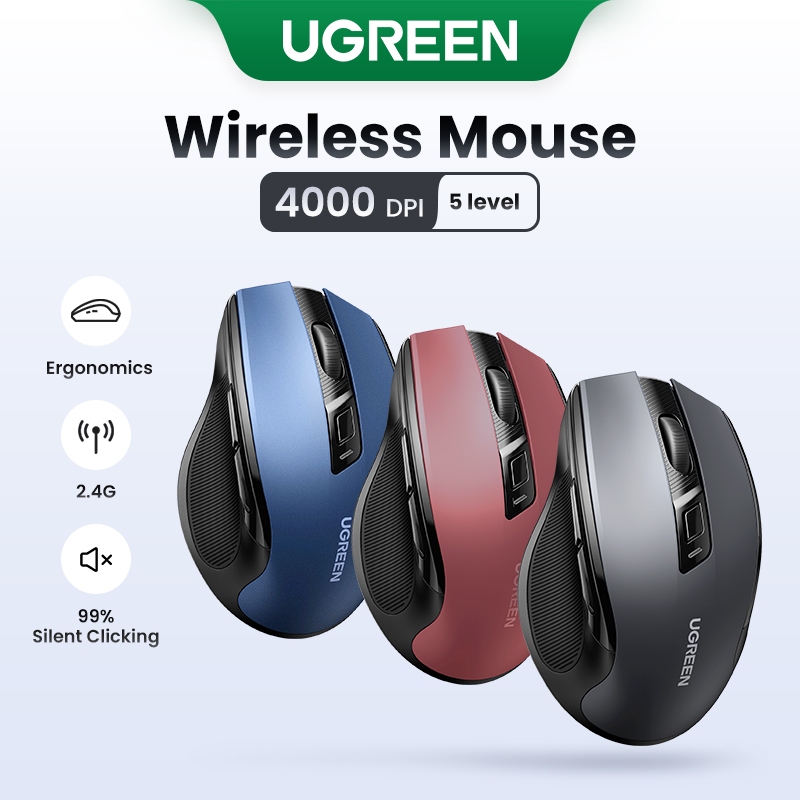 UGREEN เมาส์ไร้สาย, ปุ่มเงียบ 6 ปุ่ม, 2.4G พร้อมตัวรับสัญญาณ USB Mini, การตั้งค่า DPI 5 ระดับ 4000DP