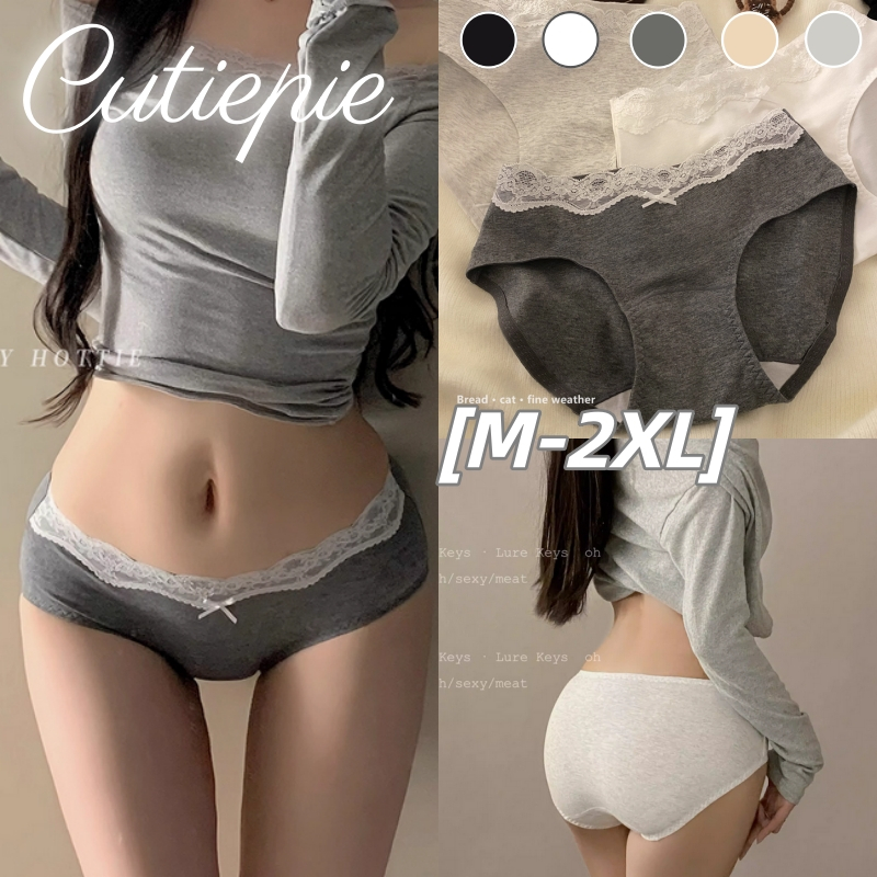 💕Cutiepie💕M-2XL กางเกงชั้นในผู้หญิง ผ้าฝ้ายแท้ แอนตี้แบคทีเรีย ขอบลูกไม้ สะโพกระดับกลาง นุ่มและกระชับ เป้ายาว เซ็กซี่ สวมใส่สบาย เหมาะสำหรับผู้หญิง