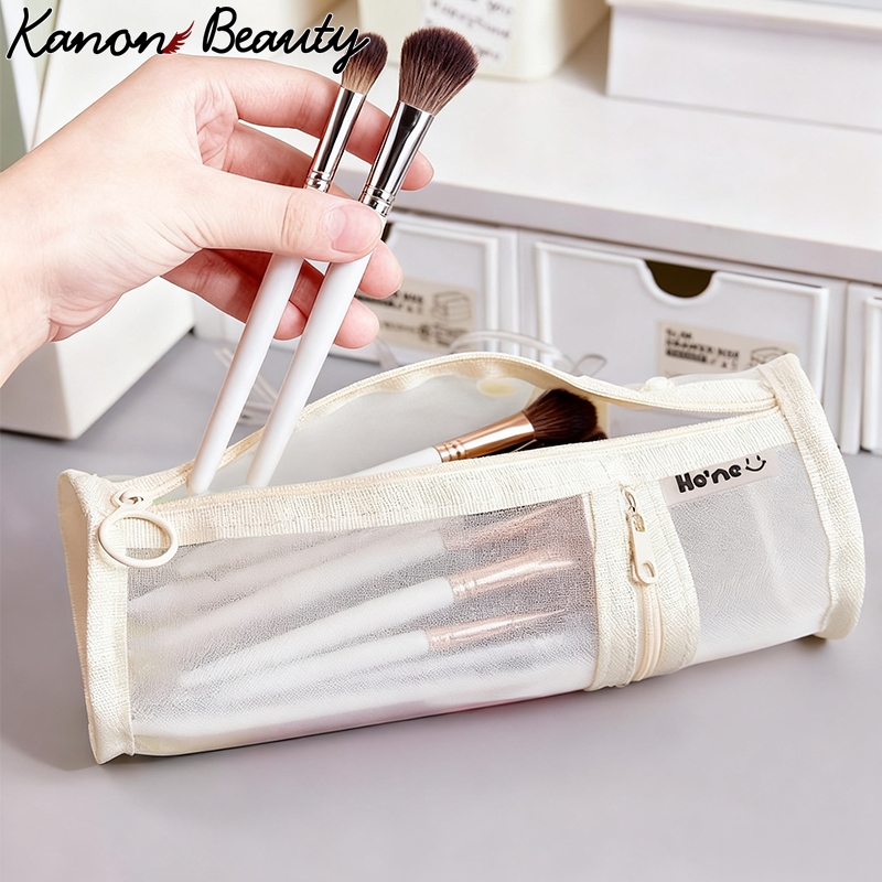 2-in-1 ตาข่ายแปรงแต่งหน้ากระเป๋าเก็บ Multi-functional แบบพกพาซิปขนาดใหญ่ความจุแปรงแต่งหน้าปากกากระเป๋าถัง