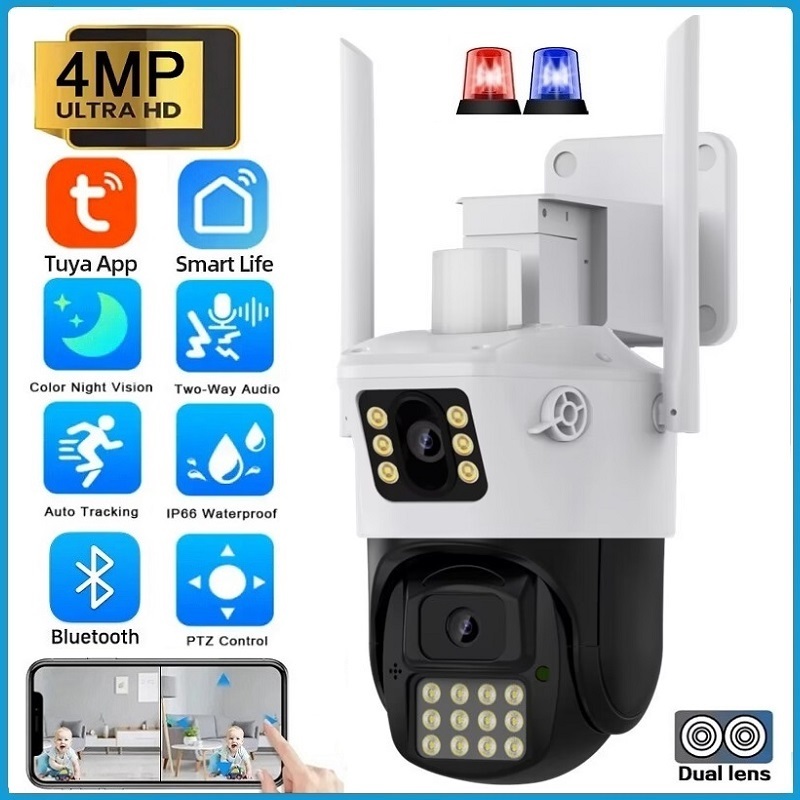 Tuya Smart Life กล้องวงจรปิด CCTV 4MP PTZ WiFi IP เลนส์คู่ และหน้าจอคู่ กันน้ํา ติดตามอัตโนมัติ