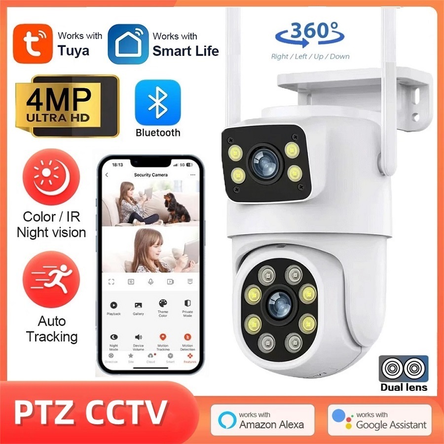 Tuya/smart Life 4MP PTZ Wifi กล้อง IP กลางแจ้งเลนส์คู่หน้าจอคู่ที่มีสีสัน Night Vision Auto Track กล้องวงจรปิดความปลอดภัยการเฝ้าระวังกล้อง