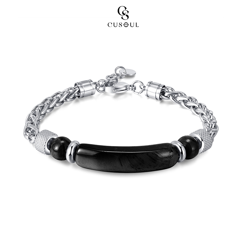 สร้อยข้อมือหินธรรมชาติสแตนเลส อินเทรนด์สำหรับผู้ชาย ดีไซน์เรียบง่ายและสวมใส่ง่าย