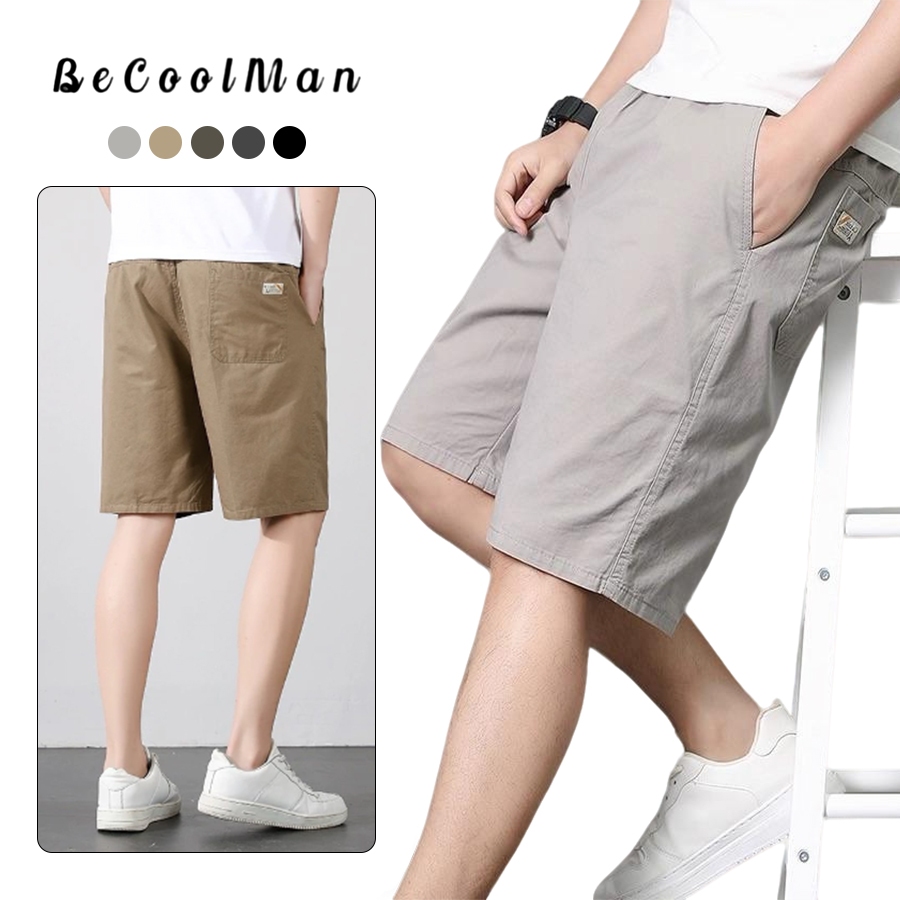 BECoolMan-กางเกงขาสั้นผ้าฝ้ายสำหรับฤดูร้อนสำหรับผู้ชาย กางเกงห้าส่วน  กางเกงชายหาด ทรงตรง  กีฬา  แบบหลวม ลำลอง  ทำให้ดูผอมเพรียว