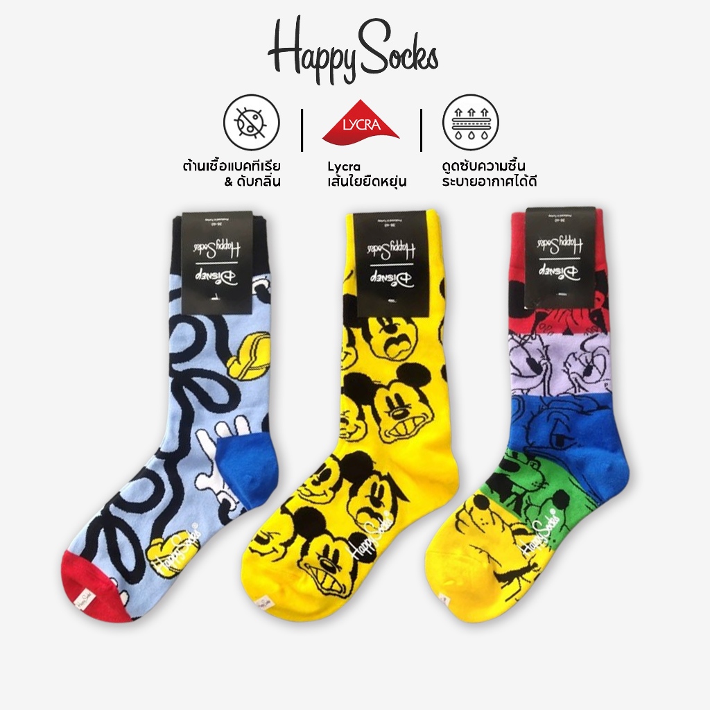 Happy Socks ถุงเท้ายาว ผ้าฝ้าย แฟชั่นสําหรับผู้หญิง ลายมิกกี้เม้าส์