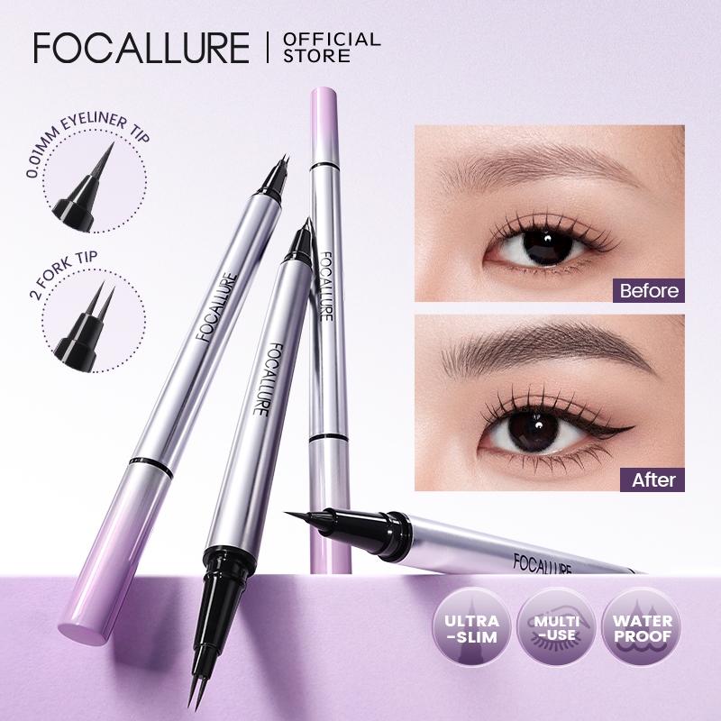【NEW】FOCALLURE Twin Tip Slim Eyeliner & Brow Pen ติดทนนานกันน้ํา Smudge Proof 2-in-1 Double-ended Eyeliner ปากกา 0.01 มม.