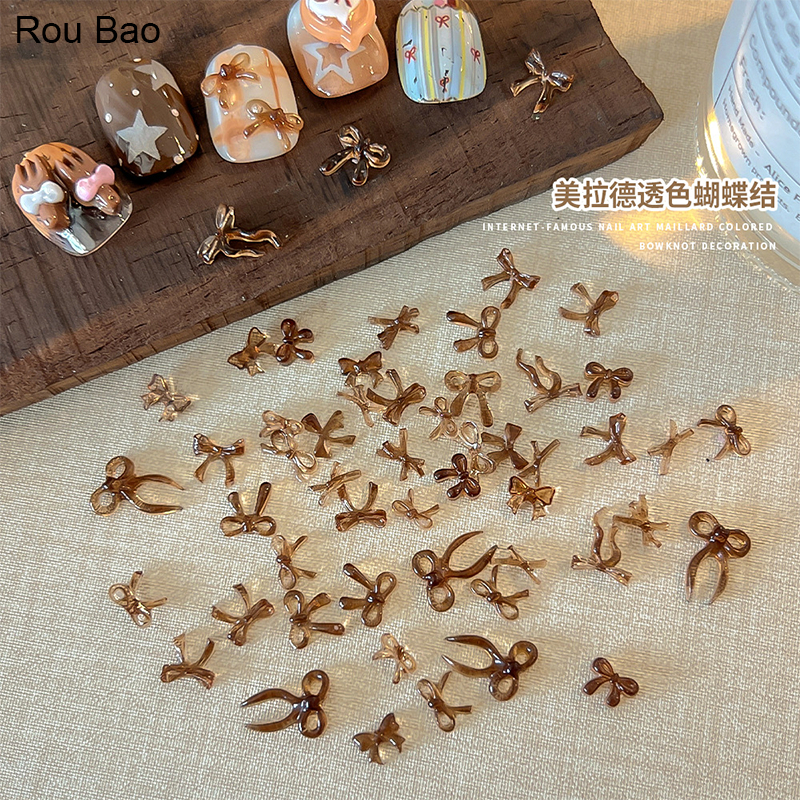 Rou Bao 50 ชิ้นเล็บโปร่งใส Maillard สีน้ําตาล Bow Girly 3D เรซิ่นเล็บ Art DIY Charms ตกแต่ง