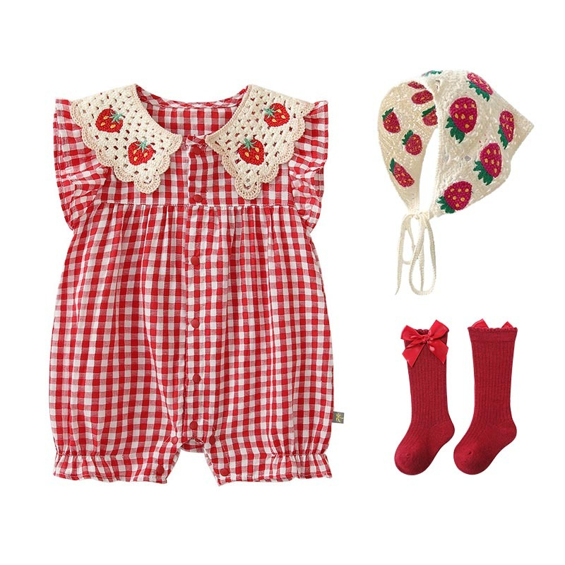 ทารกแรกเกิดเด็กสาว ชุด สตรอเบอร์รี่สีแดงตาหมากรุก ชุดจั๊มสูท เหมาะสําหรับการถ่ายภาพกลางแจ้ง 0-24 เดือน - รูปที่ 2