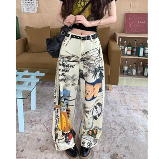 รูปแบบ การพิมพ์ การออกแบบใหม่ หลวม กระบอกตรง กางเกงยีนส์ กาง…