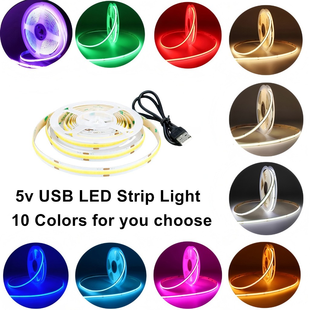 5V USB COB LED Strip Light Ice Blue 3000K 4000K 6000K สีแดง เขียว ชมพู เหลือง ม่วง TV Backlight เทปยืดหยุ่น ใต้ตู้ ห้องนอน ห้องครัว บ้าน DIY