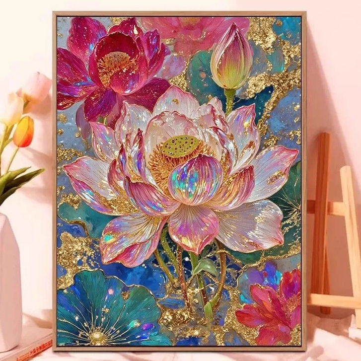 Symphony Golden Lotus Cross Stitch เย็บปักถักร้อยเต็มรูปแบบ 2025 ด้ายสไตล์ใหม่เย็บปักถักร้อยวัสดุแพคเกจ Handmade เริ่มต้น Simple เย็บปักถักร้อยชุด