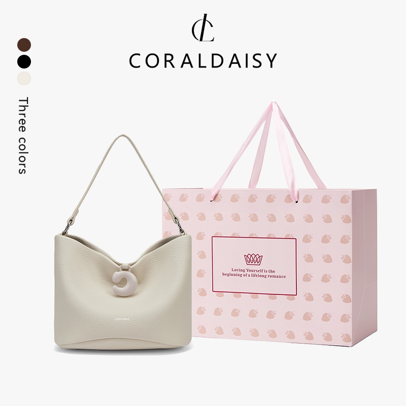CORALDAISY กระเป๋าผู้หญิง กระเป๋าโท้ทสีพื้น 2025 กระเป๋าสะพายไหล่สุดหรู กระเป๋าสะพายข้างทรงถังใบเล็ก