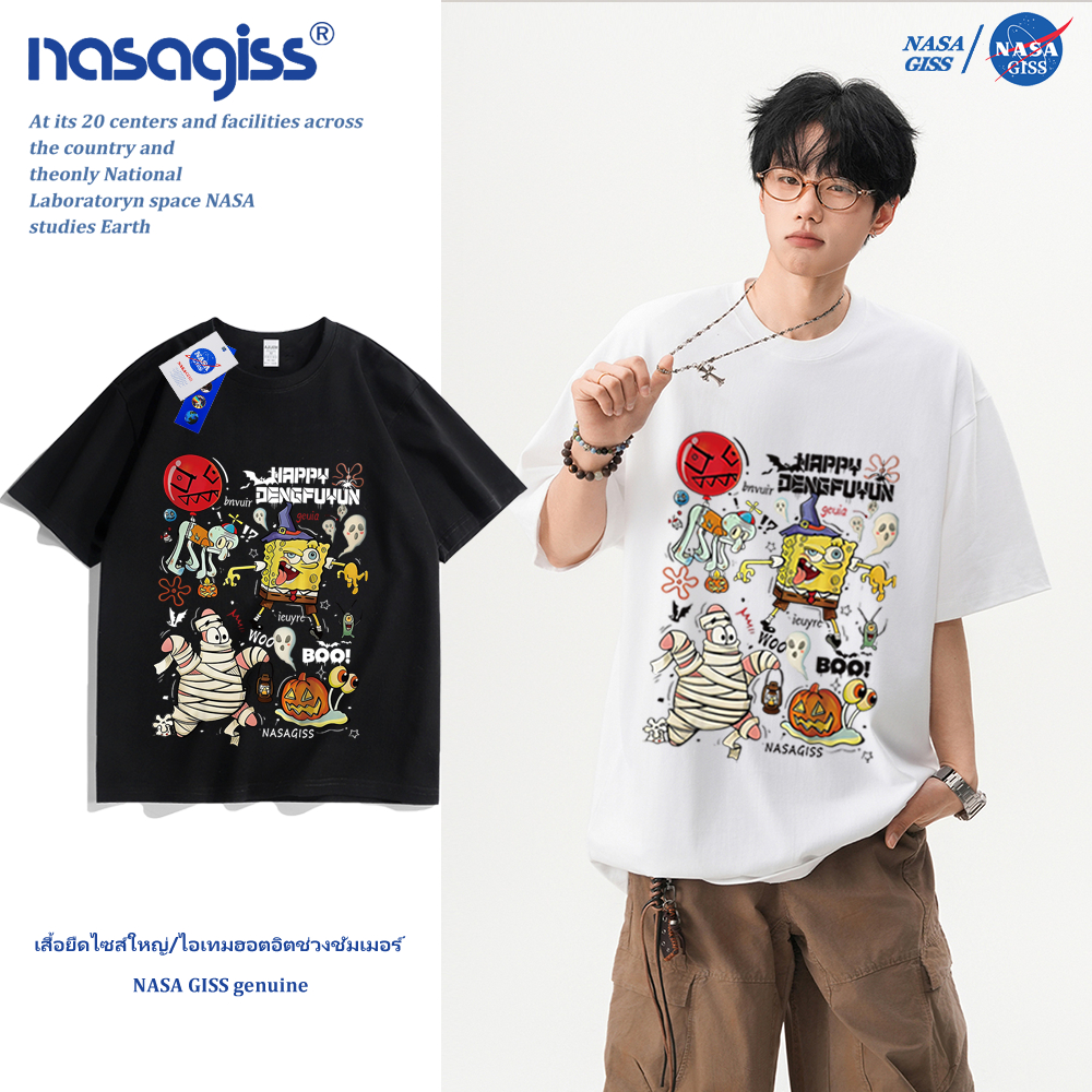 NASA เสื้อยืดชายหญิงแขนสั้น สตรีทฮิปฮอป summer สพันจ์บ็อบฮาโลวีน พิมพ์ลาย คอตตอน คอกลม หลวมและระบายอากาศ