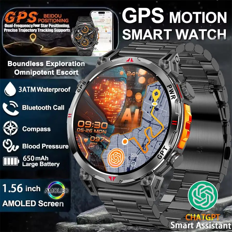ใหม่กลางแจ้ง GPS GPT เข็มทิศสมาร์ทนาฬิกา 3ATM กันน้ําฟิตเนส Track Heart Rate BT Call Professional กี