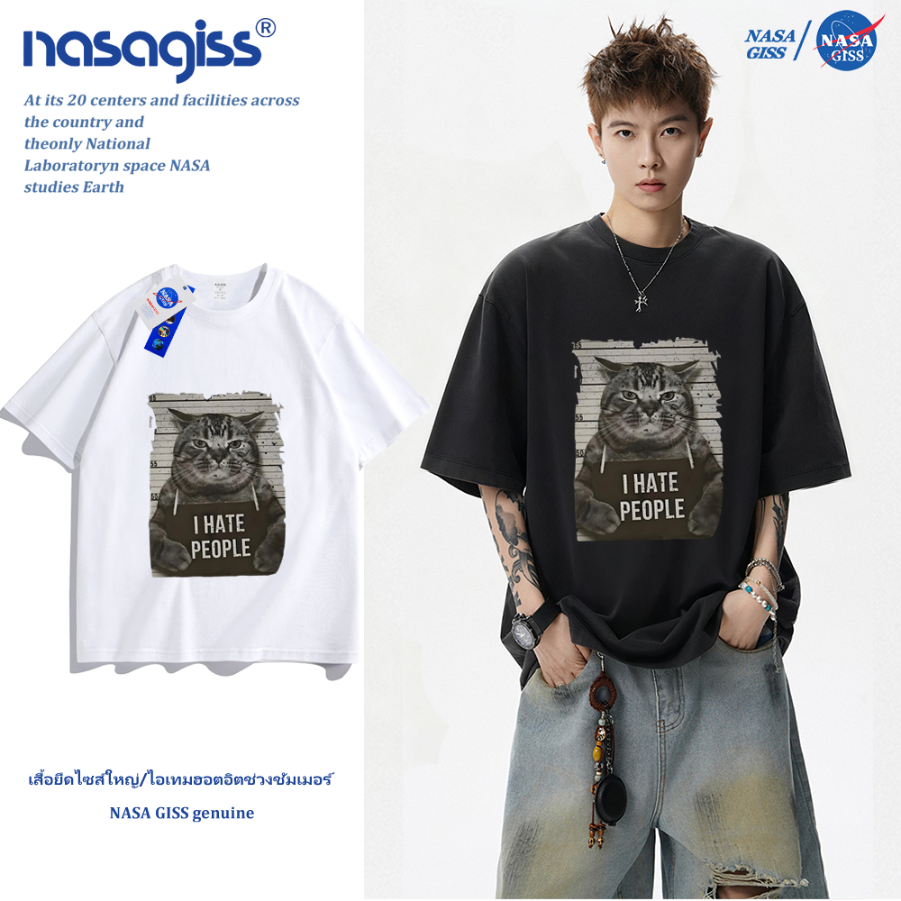 NASA เสื้อยืดชายหญิงแขนสั้น สตรีทฮิปฮอป summer แมวอาชญากร พิมพ์ลาย คอตตอน คอกลม หลวมและระบายอากาศ