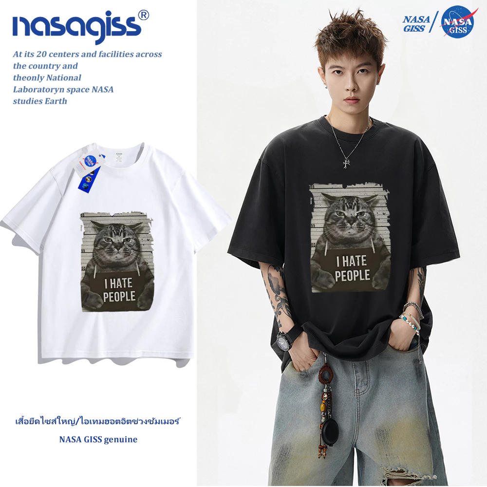 NASA เสื้อยืดชายหญิงแขนสั้น สตรีทฮิปฮอป summer แมวอาชญากร พิมพ์ลาย คอตตอน คอกลม หลวมและระบายอากาศ