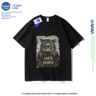 NASA เสื้อยืดชายหญิงแขนสั้น สตรีทฮิปฮอป summer แมวอาชญากร พิมพ์ลาย คอตตอน คอกลม หลวมและระบายอากาศ