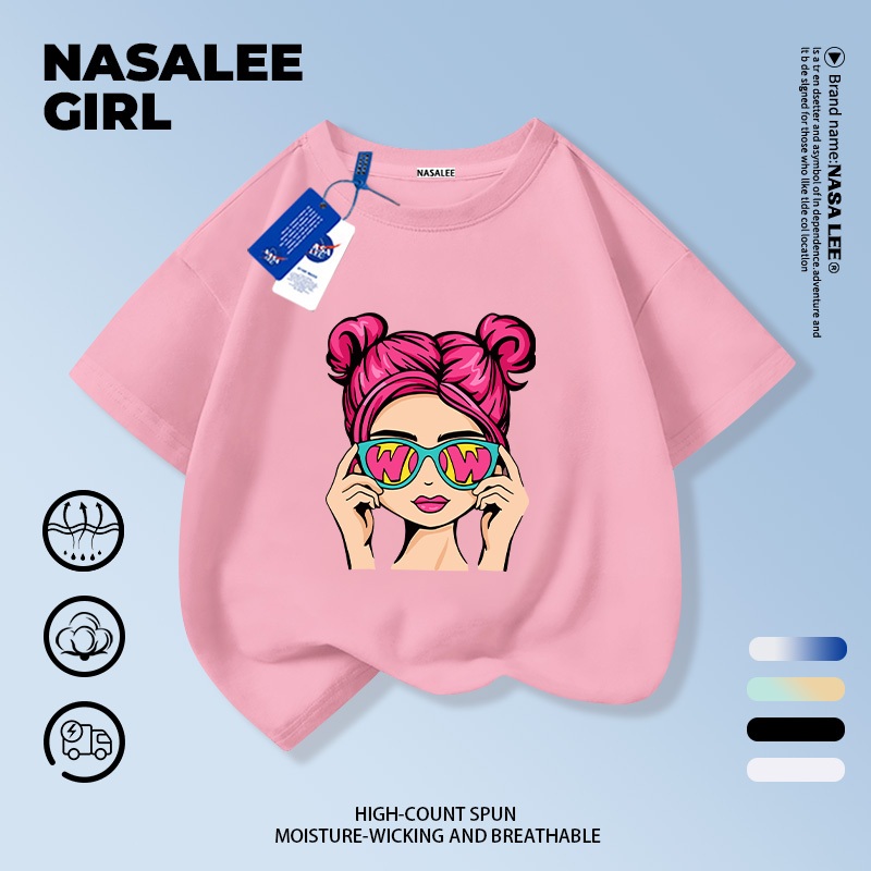 【จัดส่งวันเดียวกัน ถึงใน 2 วัน】เสื้อทีมเด็ก NASA สีชมพู ผ้าฝ้ายระบายอากาศดี พิมพ์ลายการ์ตูนน่ารักสดใส สำหรับเด็กชายเด็กหญิงอายุ 3-16 ปี เสื้อแขนสั้นสไตล์สปอร์ต