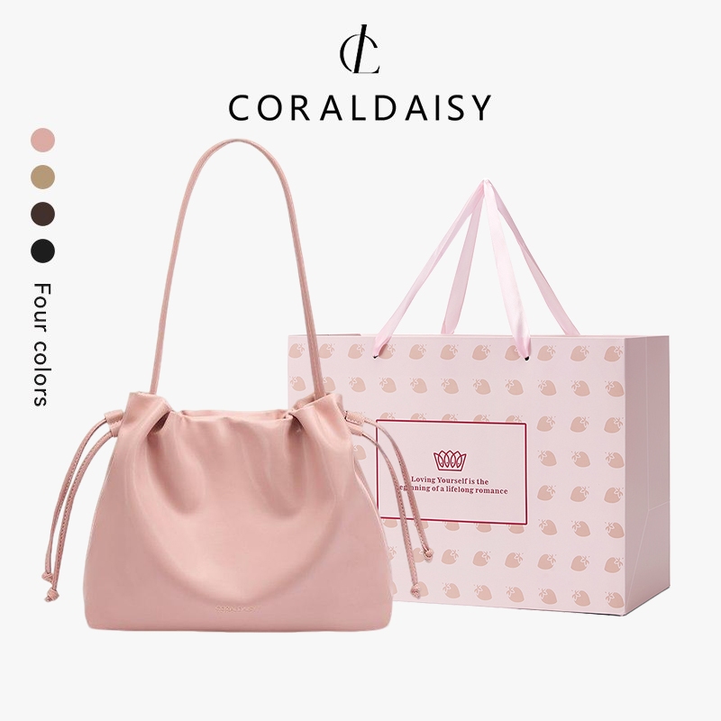 CORALDAISY ใหม่ปี 2025 กระเป๋าสะพายไหล่สีพื้น กระเป๋าสะพายข้างแบบมีเชือกผูก กระเป๋าโท้ทความจุขนาดใหญ