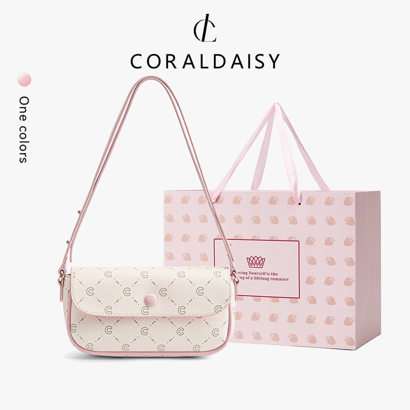 CORALDAISY กระเป๋าผู้หญิง กระเป๋าสะพายข้างสุดน่ารัก ปี 2025 กระเป๋าสะพายไหล่แบบมีฝาพับ ปรับความยาวได
