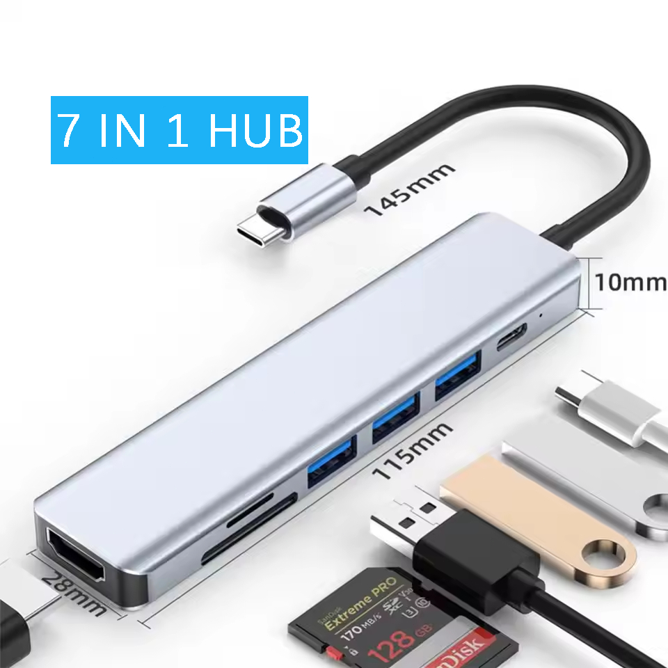 Type C 7 In 1 USB HUB ไปยัง HDMI-เข้ากันได้กับ USB 3.0/2.0 อะแดปเตอร์ SD/TF Card Reader สําหรับคอมพิวเตอร์ iPhone แท็บเล็ตคอมพิวเตอร์
