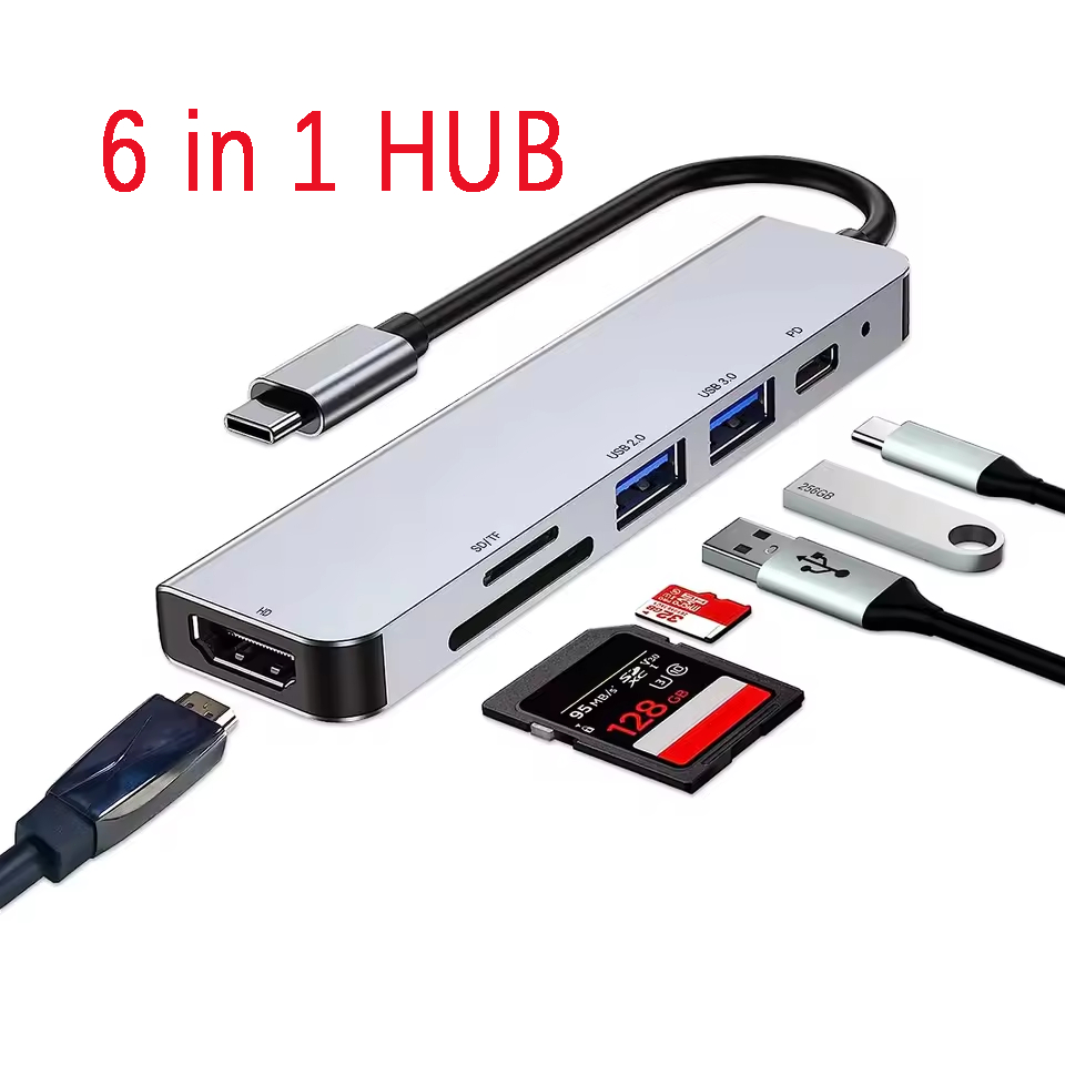 อะแดปเตอร์หลายพอร์ต USB C 6-in-1 พร้อมไฟล์ USB Transfer TF/SD เครื่องอ่านการ์ด USB 3.0/2.0 พอร์ตสําหรับแล็ปท็อปประสิทธิภาพสูง