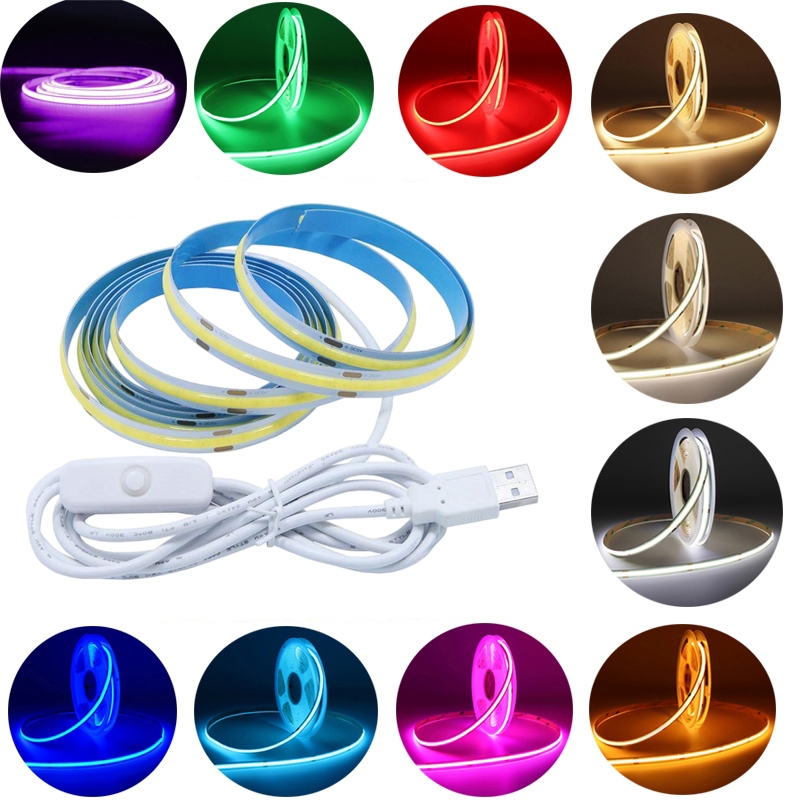 USB COB LED Strip Light สีขาวเปิด/ปิดสวิทช์เป็น TV Backlight, 5V USB Powered ยืดหยุ่น LED เทปไฟสําหรับห้องนอนกระจกภายใต้ตู้ครัวคริสต์มาส DIY Decor (10 สี)