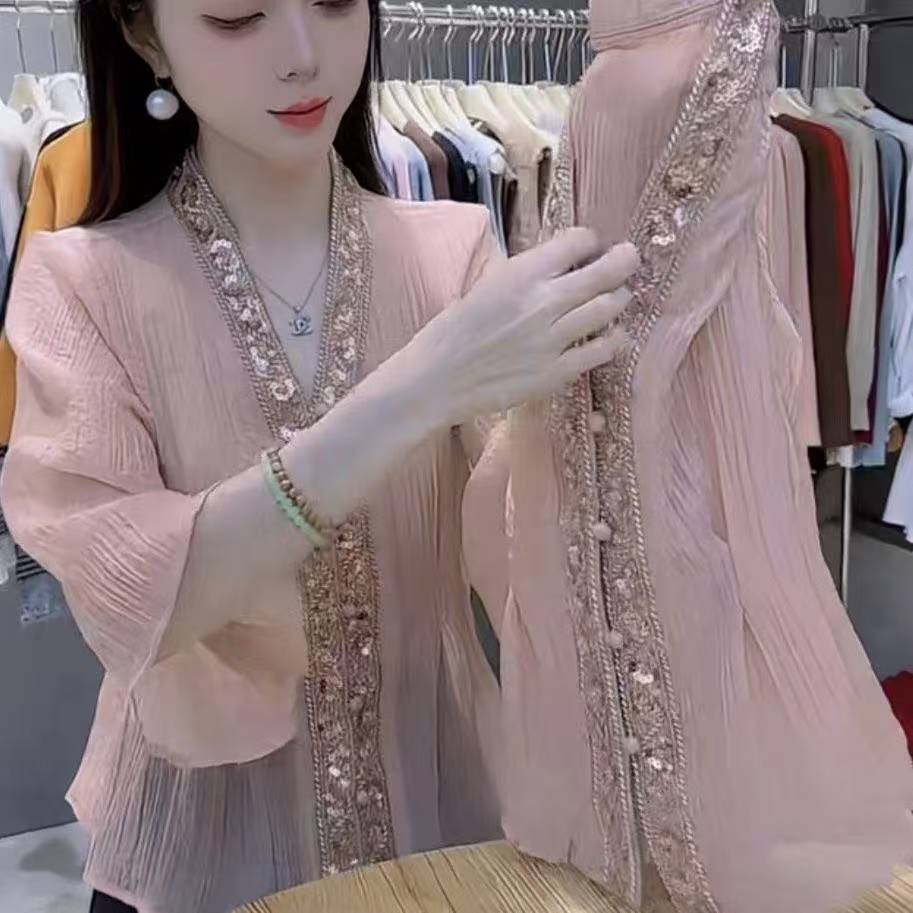 เสื้อบlوزแขนยาวแบบเชิ้ต ลายคอวี สไตล์เกาหลี สวมใส่ง่ายสำหรับผู้หญิง