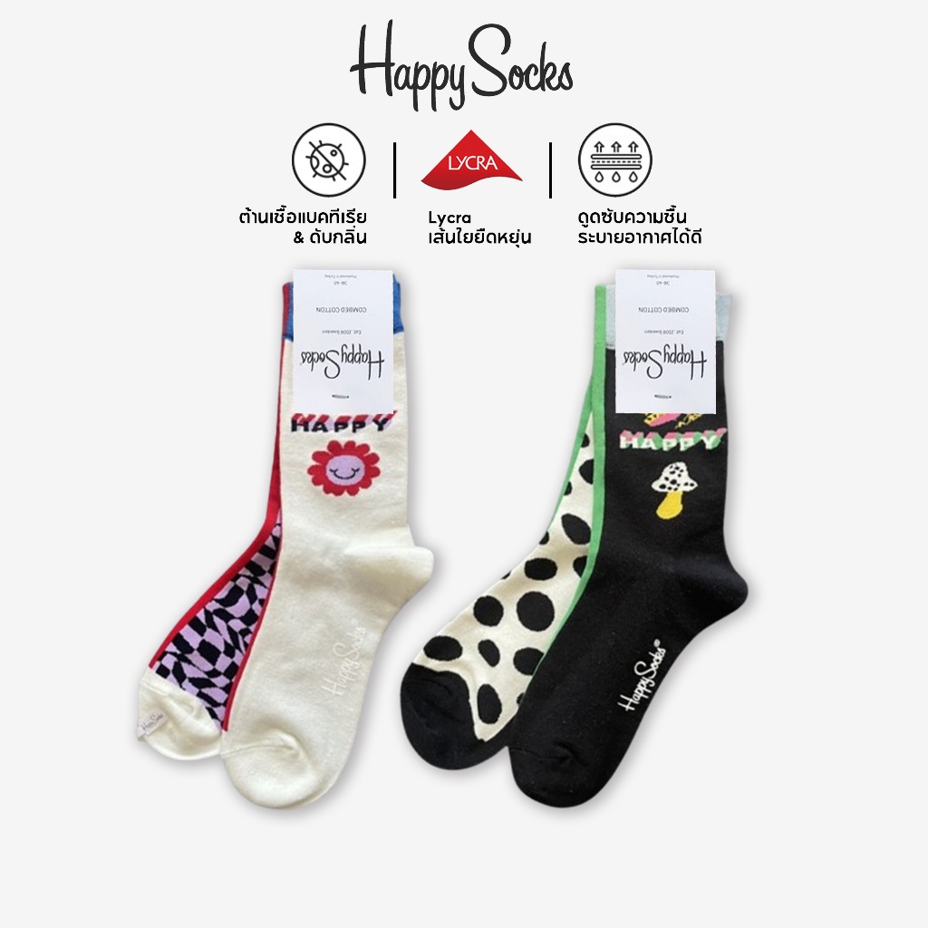 Happy Socks ถุงเท้าครึ่งน่องผ้าฝ้ายลายน่ารักสำหรับผู้หญิง ลายเห็ด