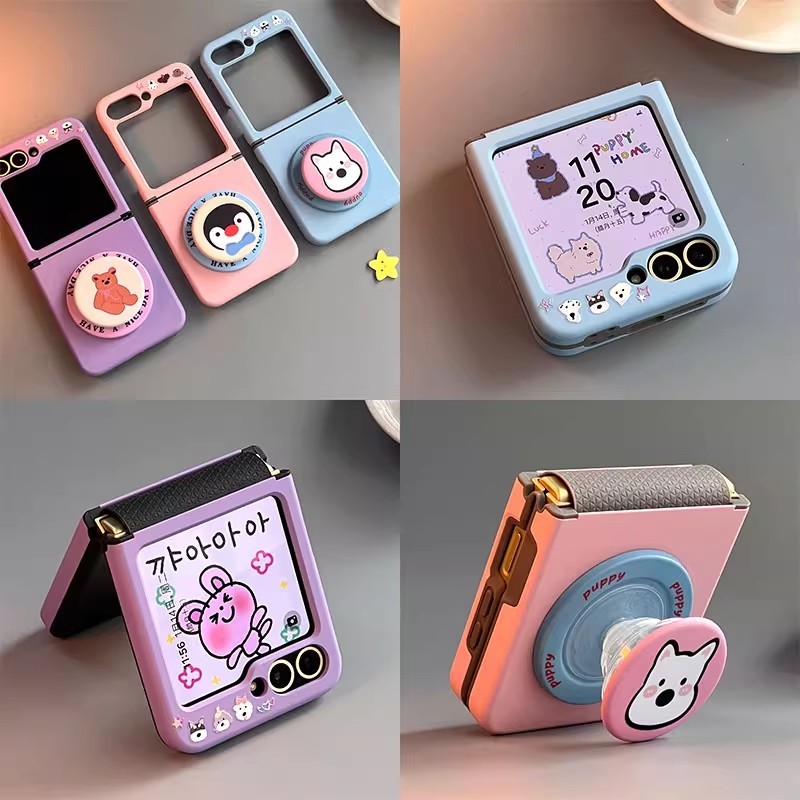 เคสซิลิโคนอ่อนนุ่มป้องกัน Samsung Z Flip 5 6 7 FE พร้อมฟังก์ชันแม่เหล็กและที่ยึดโทรศัพท์รูปสัตว์น่ารัก ZFlip7/ZFlip6/ZFlip5