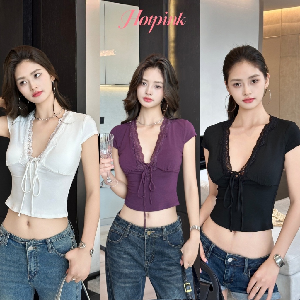 Hotpink ส่งจาก Bangkok🔥เสื้อยืดแขนสั้นคอวียางยืดเซ็กซี่เย็บลูกไม้ฤดูร้อน 2025 ใหม่#1006