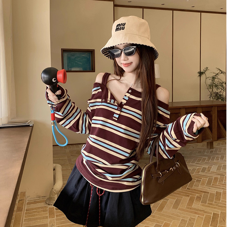 เสื้อยืดแขนยาวแบบเปิดไหล่ สีลายทางตัดกัน สำหรับสวมใส่ของผู้หญิง เหมาะสำหรับฤดูใบไม้ร่วง 250901