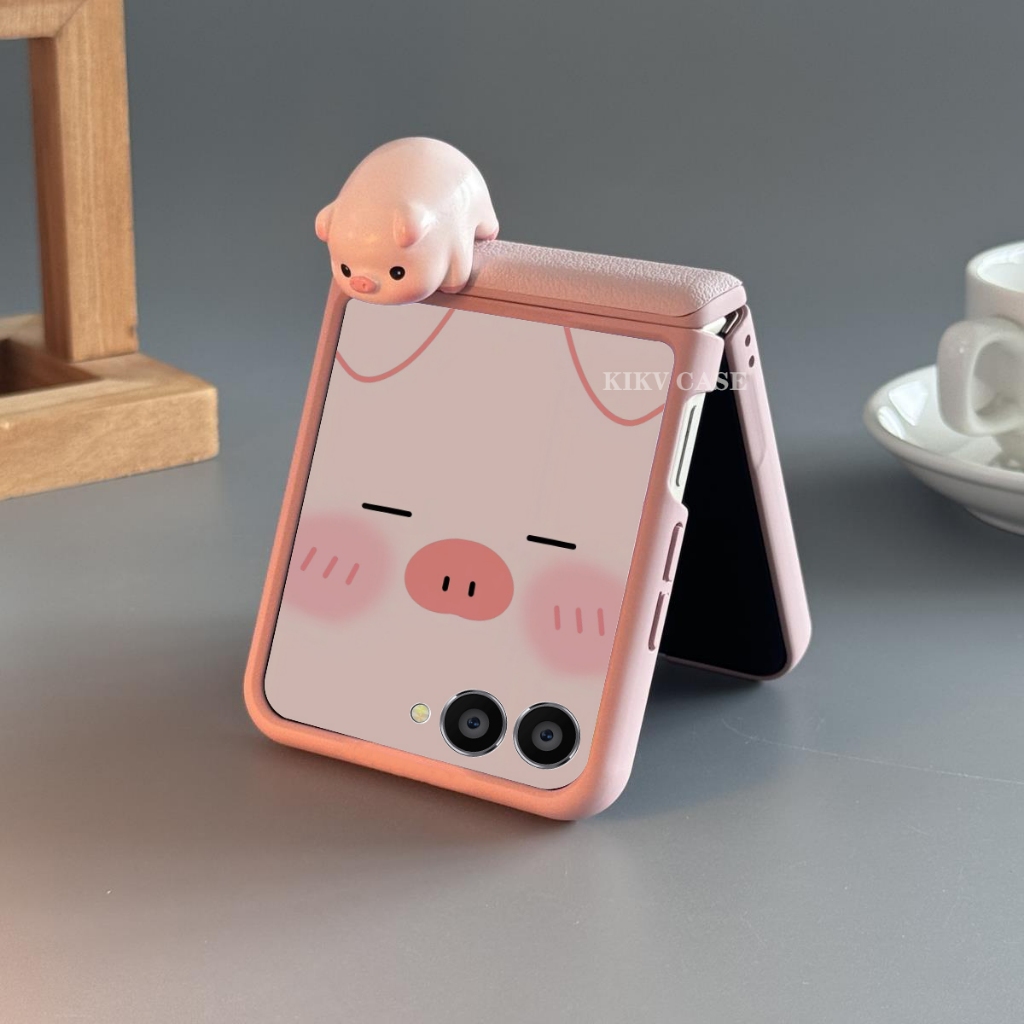 Samsung Z FLIP 5/Z FLIP 6/Z FLIP 7 เคสโทรศัพท์สีชมพูน่ารัก Piggy อุปกรณ์เสริม Shock-proof Premium Leather เคสโทรศัพท์
