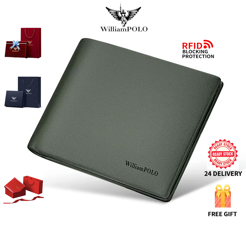 William Polo กระเป๋าสตางค์หนังแท้ ผู้ชาย กันคลื่น RFID กระเป๋าสตางค์สั้น แบบมัลติฟังก์ชั่น พร้อมกล่องของขวัญ (ของขวัญผู้ชาย) Men's Genuine Leather Short Wallet with RFID Blocking, Fashion Multi-Function Gift Box Included