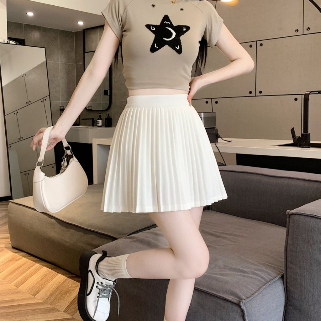 Hermarou S-6XL กระโปรงสั้นทรงเอไลน์ผู้หญิง เอวสูง เอวยางยืด กระโปรงจีบ ผ้าบาง ราคา ถูกที่สุด ดีลบีเคเค แกลเลอรีภาพที่ 8