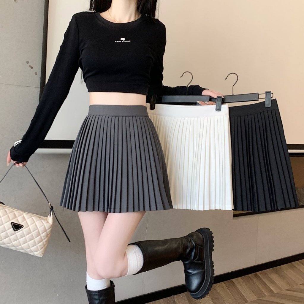 Hermarou S-6XL กระโปรงสั้นทรงเอไลน์ผู้หญิง เอวสูง เอวยางยืด กระโปรงจีบ ผ้าบาง