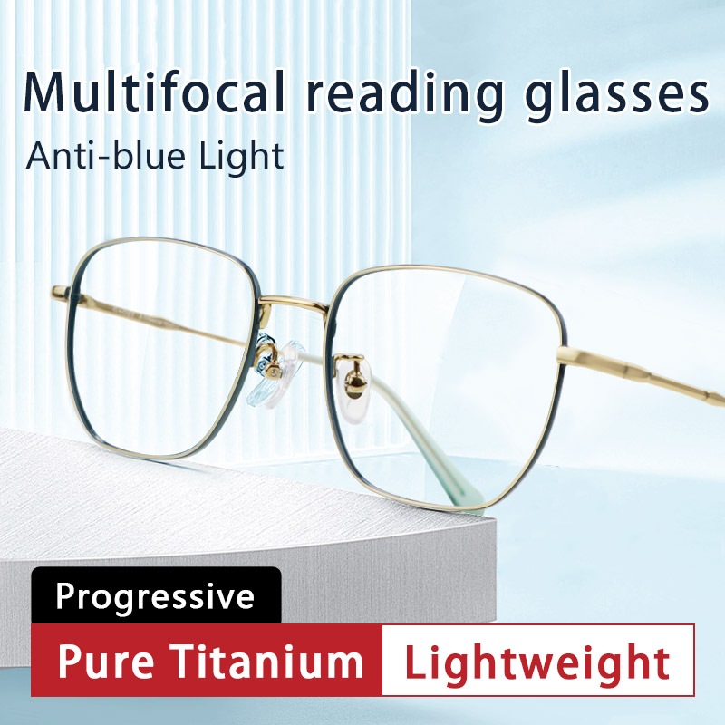 แว่นอ่านหนังสือ Pure Titanium สำหรับผู้หญิง พร้อมเลนส์เรซินป้องกันแสงสีฟ้าและโฟกัสหลายระดับ