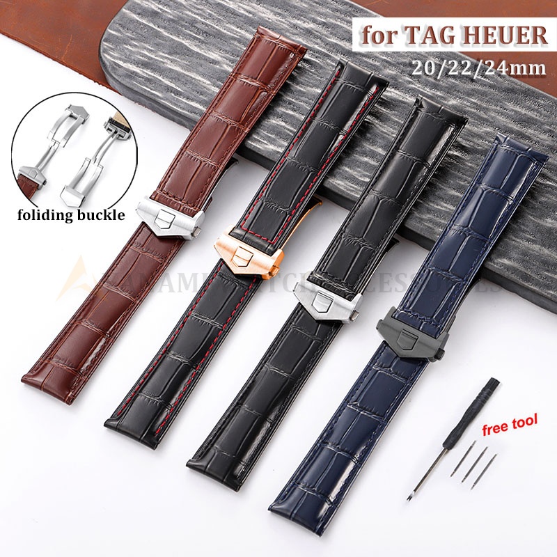 TAG HEUER คุณภาพสูงสายนาฬิกาหนังแท้สําหรับแท็ก Heuer 20 มม.22 มม.24 มม.Cowhide นาฬิกาพับหัวเข็มขัดผู