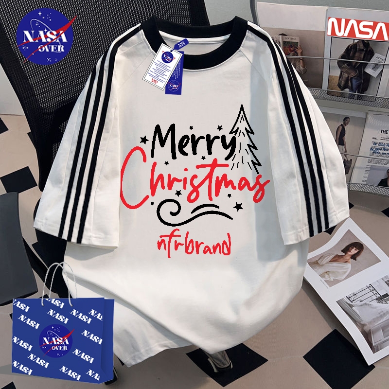 【พร้อมส่ง】🔥NASA ยูนิเซ็กส์ ฤดูร้อน หลวม ผ้าฝ้ายแท้100% สามแถบ แขนสั้น คริสต์มาส ลายตัวอักษร 🔠 เทรนด์ เสื้อยืดYG4807