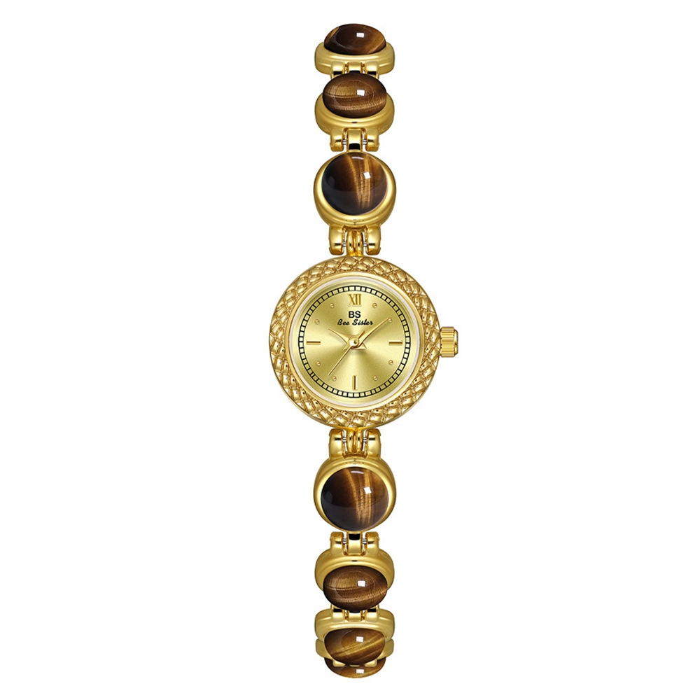 BS Bee Sister 1805 Vintage Quartz Watch นาฬิกาธรรมชาติ Tiger Eye Stone Chain นาฬิกาผู้หญิง