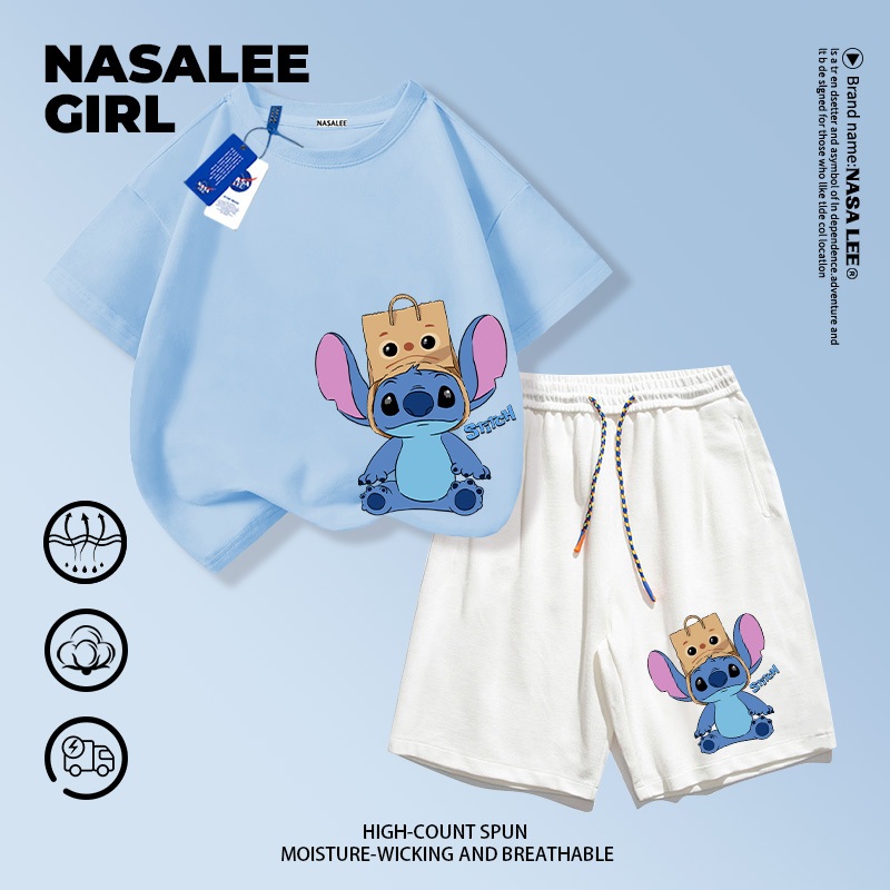【จัดส่งวันเดียวกัน】ชุดเด็กนาซ่า เสื้อแขนสั้นกางเกงขาสั้น สีฟ้าอ่อน ผ้าฝ้ายระบายอากาศดี พิมพ์ลายสติทช์ ไซส์ 3-16 ปี สำหรับเด็กชายเด็กหญิง