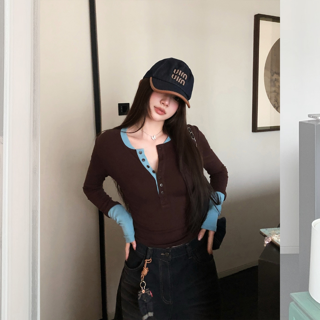 KOKONOMI เสื้อยืดผู้หญิงแขนยาวคอกลม ดีไซน์สบายสําหรับฤดูใบไม้ร่วง สวมใส่ง่าย ทรงพอดีตัว