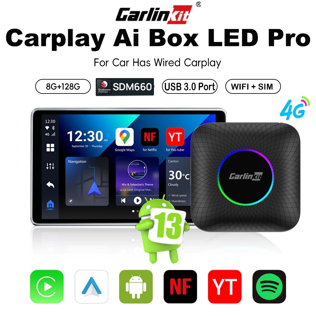 Carlinkit CarPlay Ai กล่องทีวีไร้สาย Android 13 8+128GB QCM 8-Core 6225 Android Auto YouTube Netflix