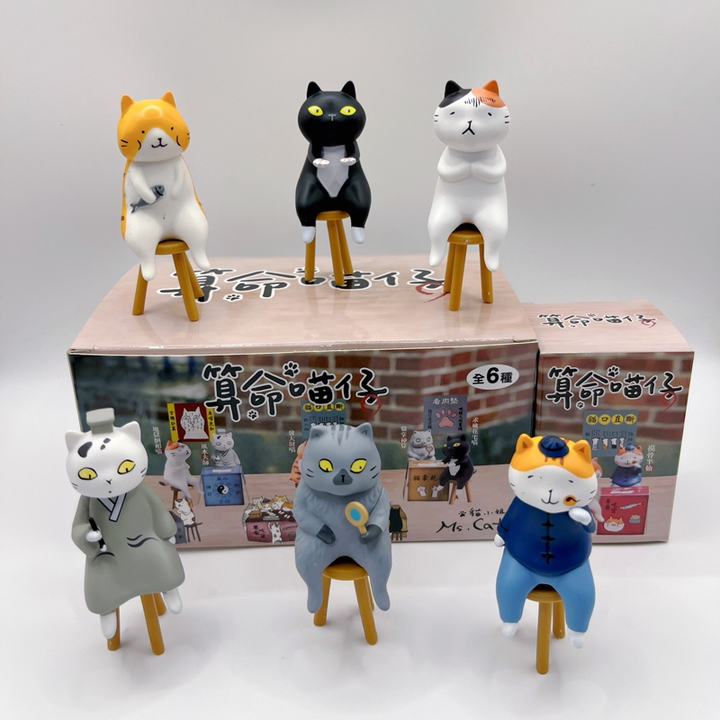 6 ชิ้น/เซ็ตอะนิเมะรูปแมวบรรจุกล่องแมวน่ารักAction Figureพร้อมสตูล Kawaiiตกแต่งโต๊ะสะสมของเล่นของขวัญวันเกิดQรุ่นPVCตุ๊กตา