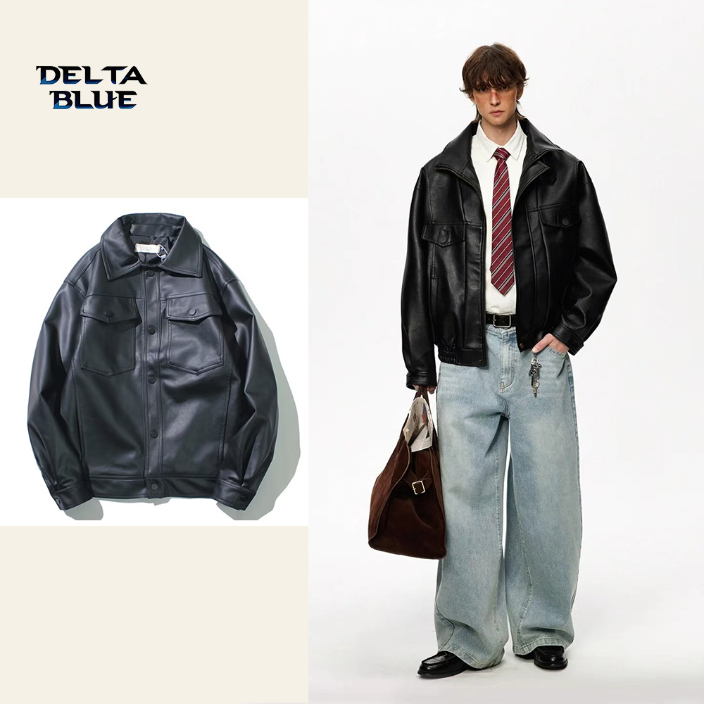 DELTA BLUE【ลดพิเศษ】เสื้อแจ็กเก็ตหนังPUย้อนยุค สไตล์เกาหลี ทรงโอเวอร์ไซส์ - เสื้อนอกผู้ชาย 2025 ใส่คู่กับฮู้ดก็เท่  หรูหรา เหมาะกับอากาศหนาว ฤดูใบไม้ร่วงและฤดูหนาว