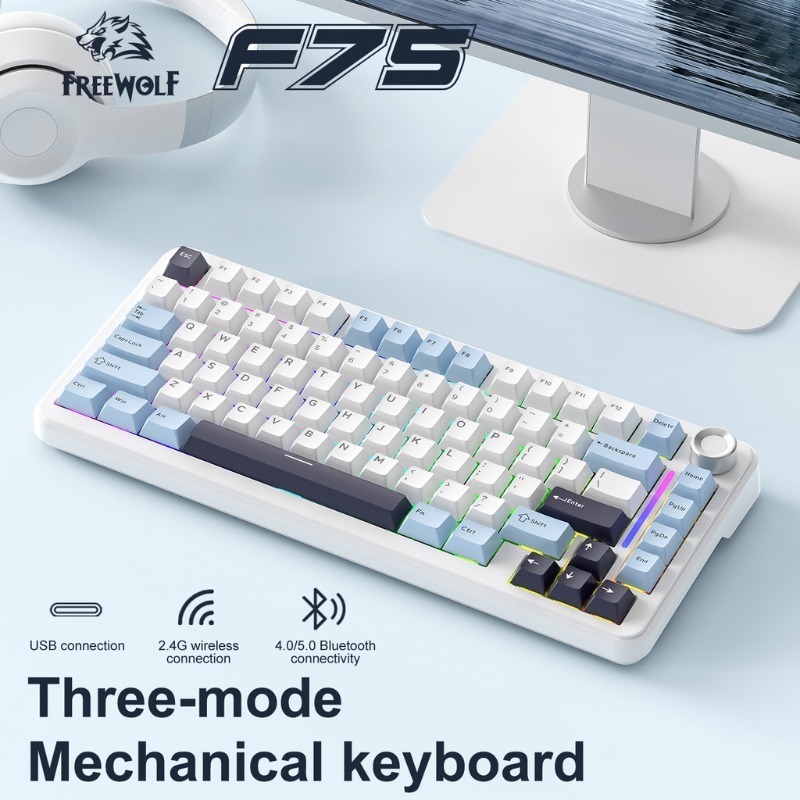 FREEWOLF F75 75% Tri-Mode Wireless Mechanical Gaming Keyboard Hot-Swappable ปะเก็น Mount 4000mAh แบต